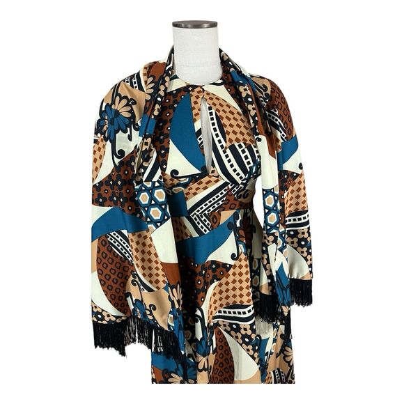 Vintage Neiman Marcus 60s/70s MOD Brown Abstract Maxi Dress Gown w/Wrap Shawl XS - Picture 11 of 13